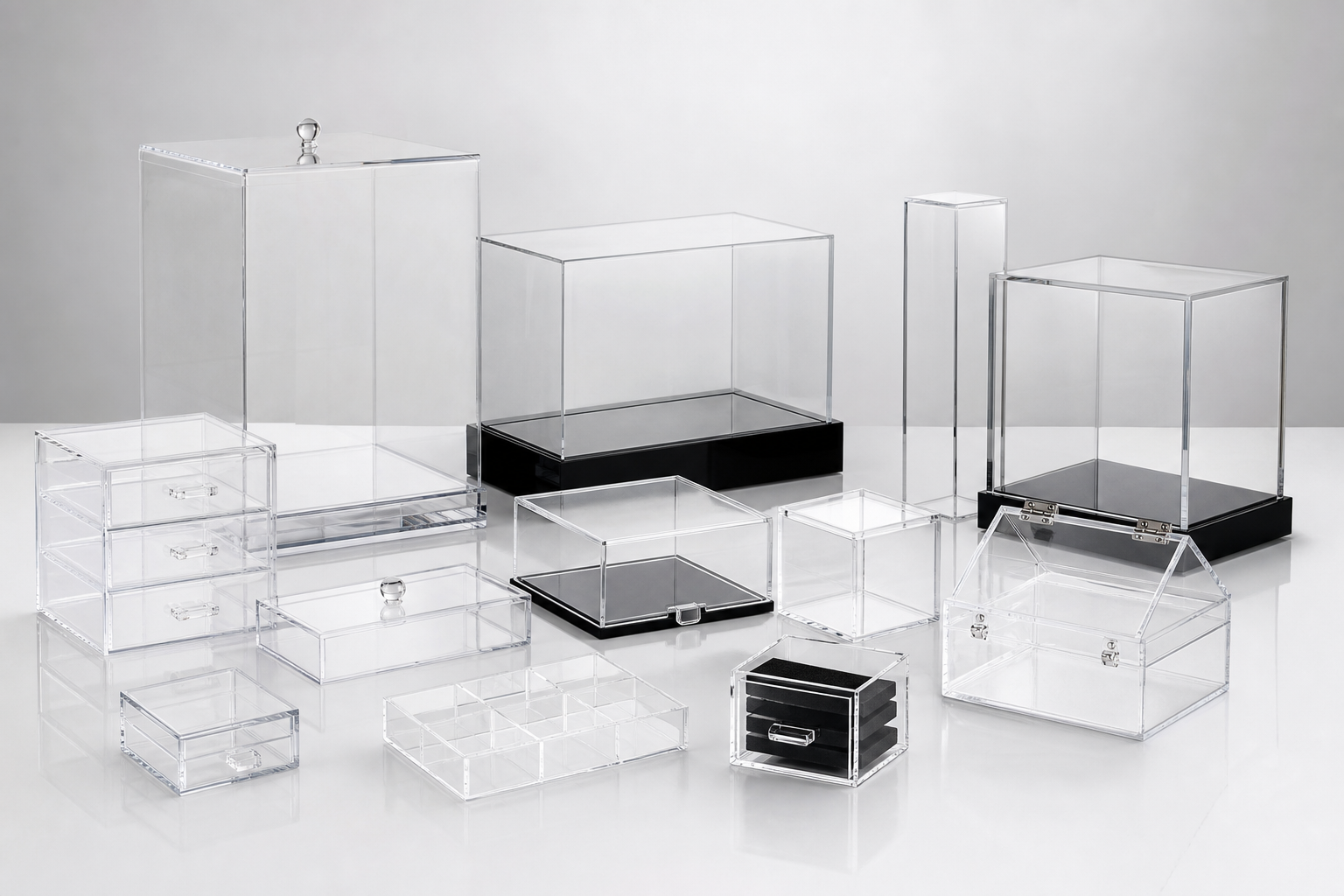 Clear acrylic boxes and display cases